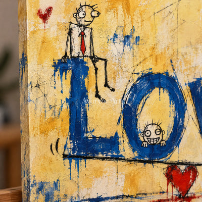 Close-up of the hand-painted texture of Distant Solace graffiti figure wall art on an easel