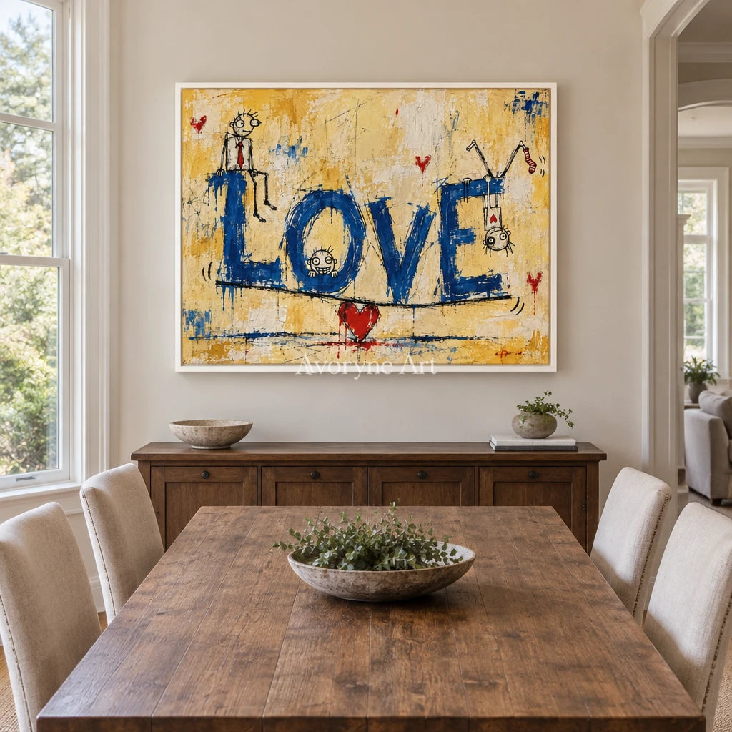 Distant Solace graffiti figure wall art with a white frame in a dining room