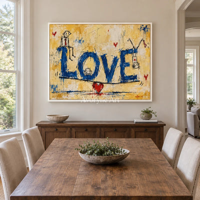 Distant Solace graffiti figure wall art with a white frame in a dining room