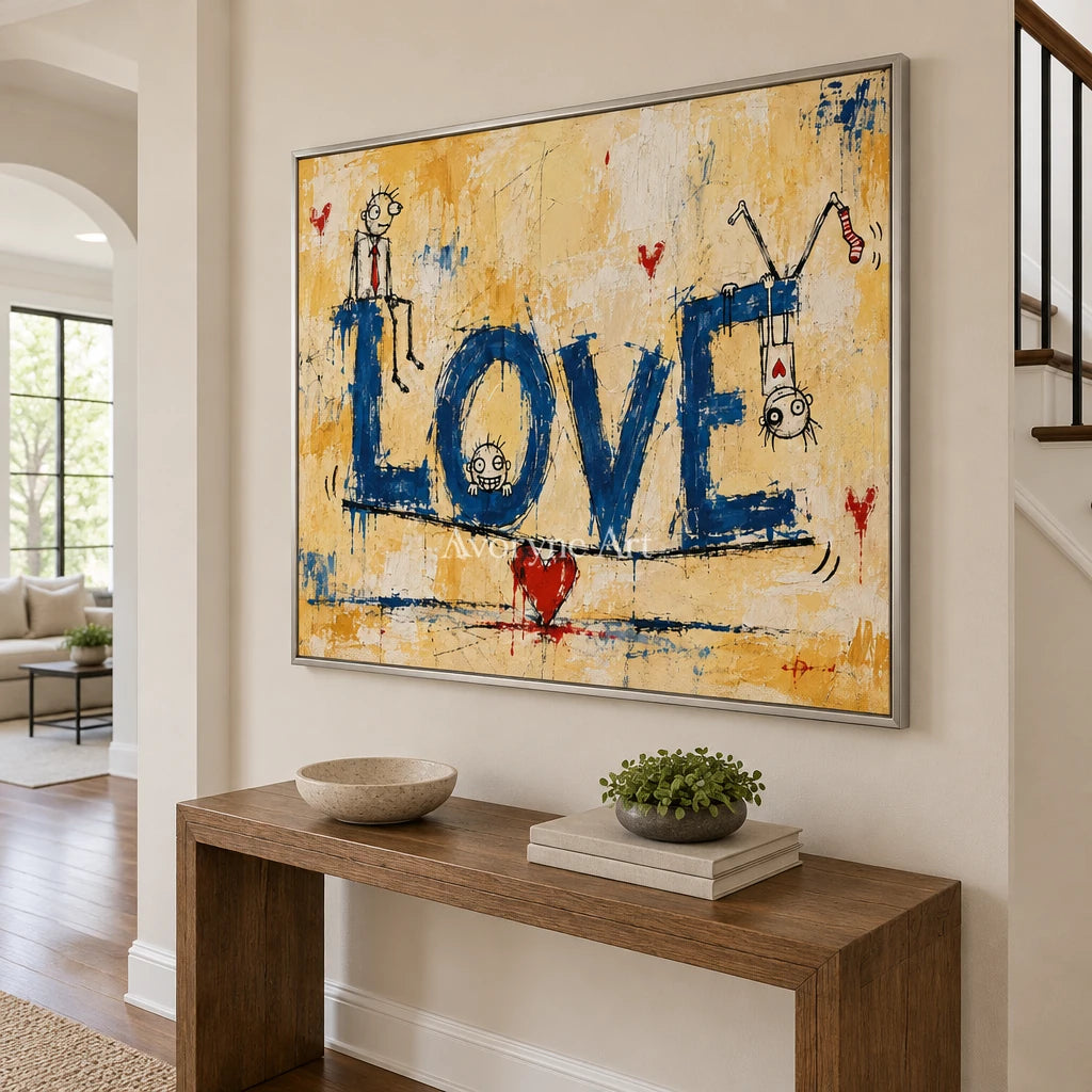 Distant Solace graffiti figure wall art with a silver frame in an entryway