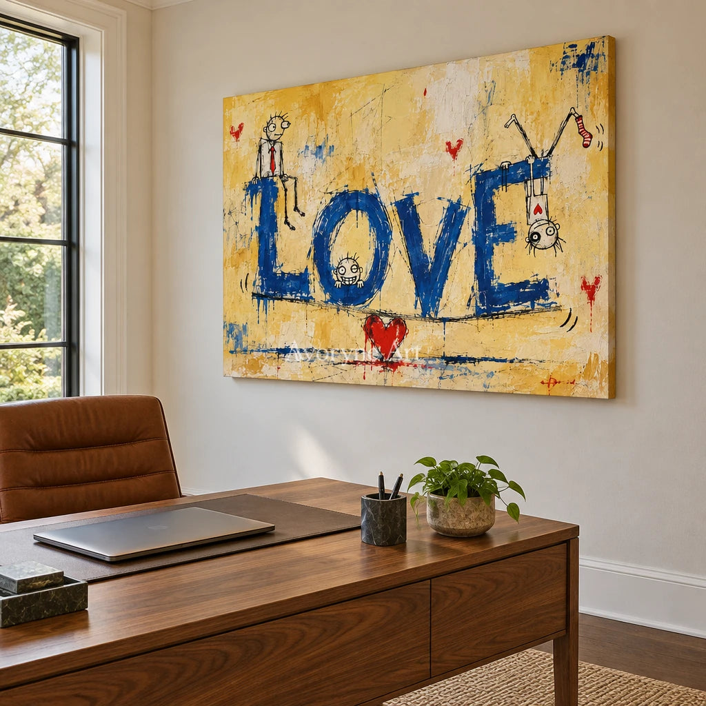Distant Solace graffiti figure wall art as a frameless stretched canvas in a home office