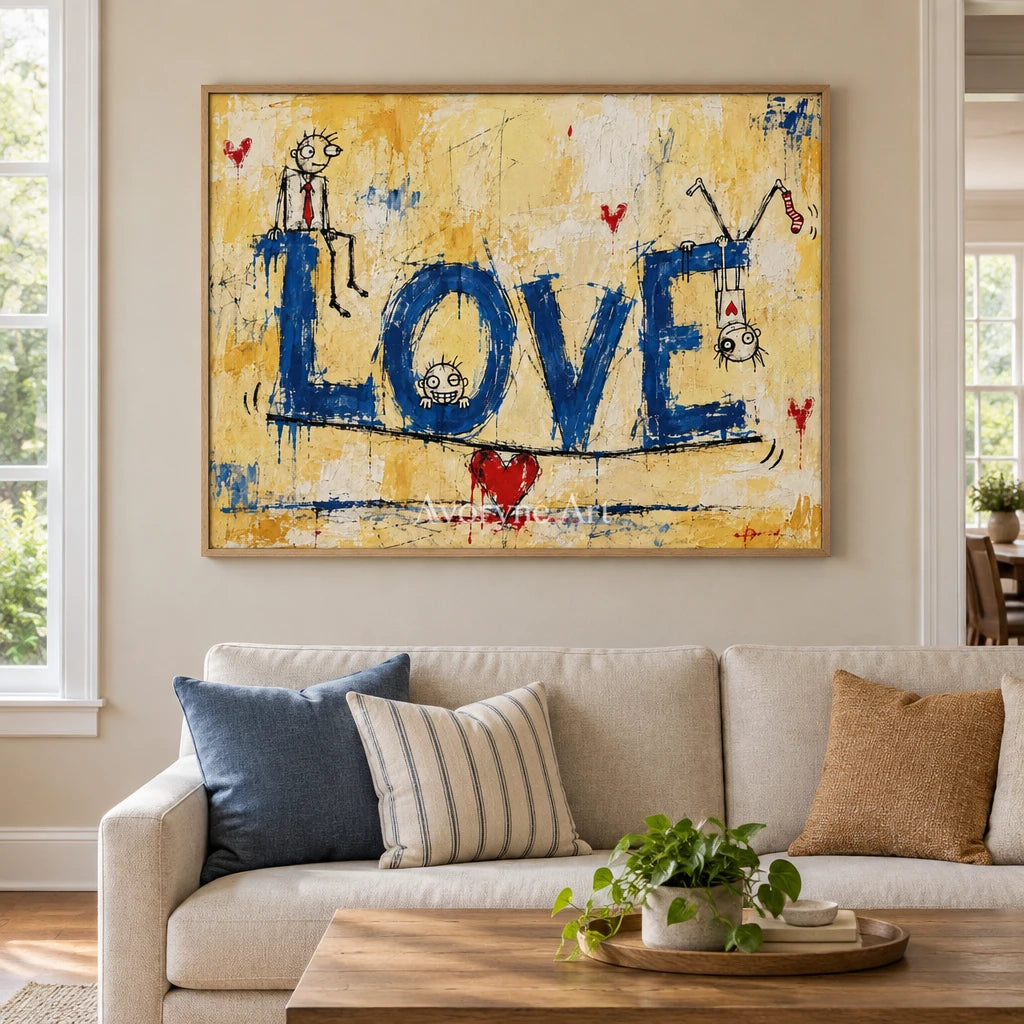 Distant Solace graffiti figure wall art with a wood frame in a villa living space