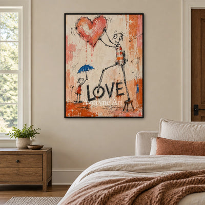 Distant Reverberation graffiti figure wall art with a black frame above a bed in a bedroom
