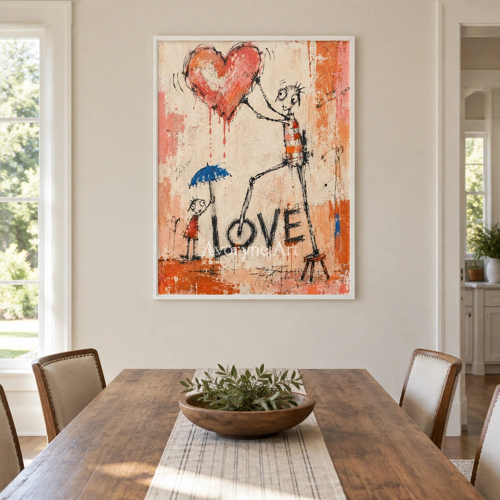 Distant Reverberation graffiti figure wall art with a white frame in a dining room