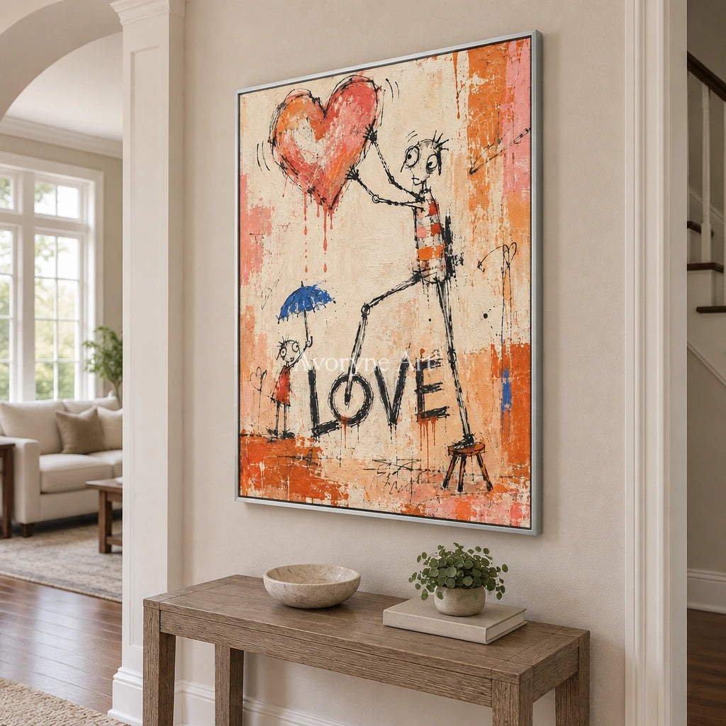 Distant Reverberation graffiti figure wall art with a silver frame in an entryway