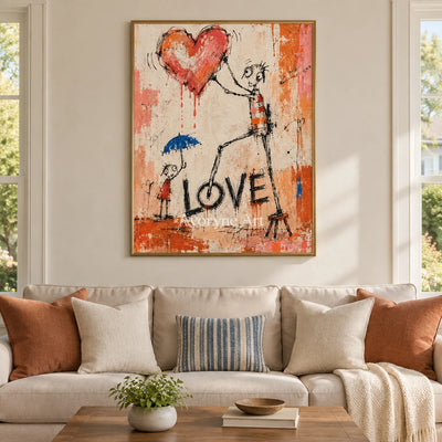 Distant Reverberation graffiti figure wall art with a gold frame hanging in a living room