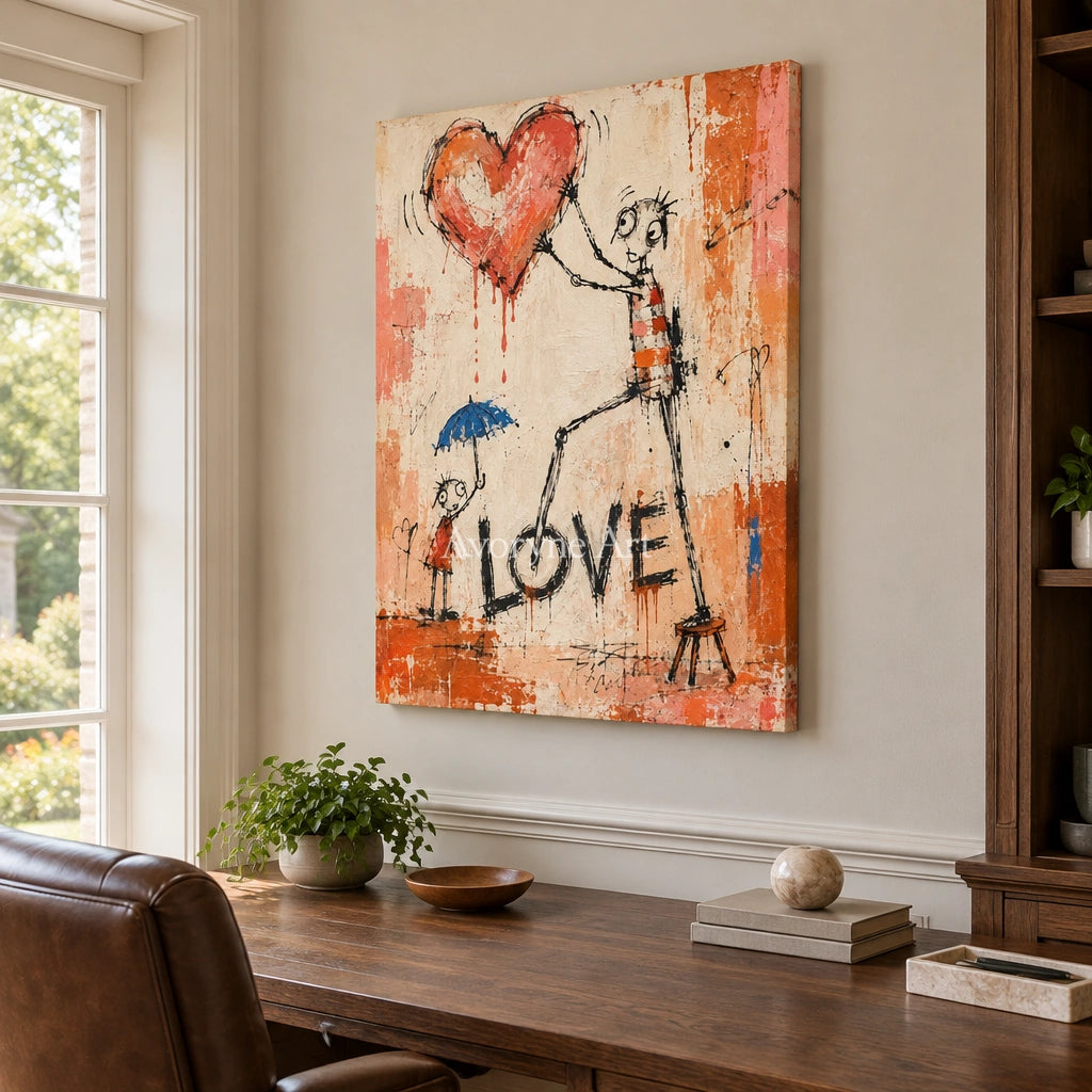 Distant Reverberation graffiti figure wall art as a frameless stretched canvas in a home office