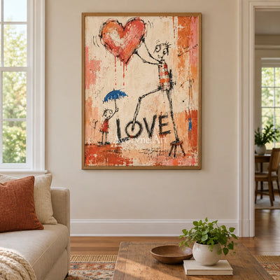 Distant Reverberation graffiti figure wall art with a wood frame in a villa living space
