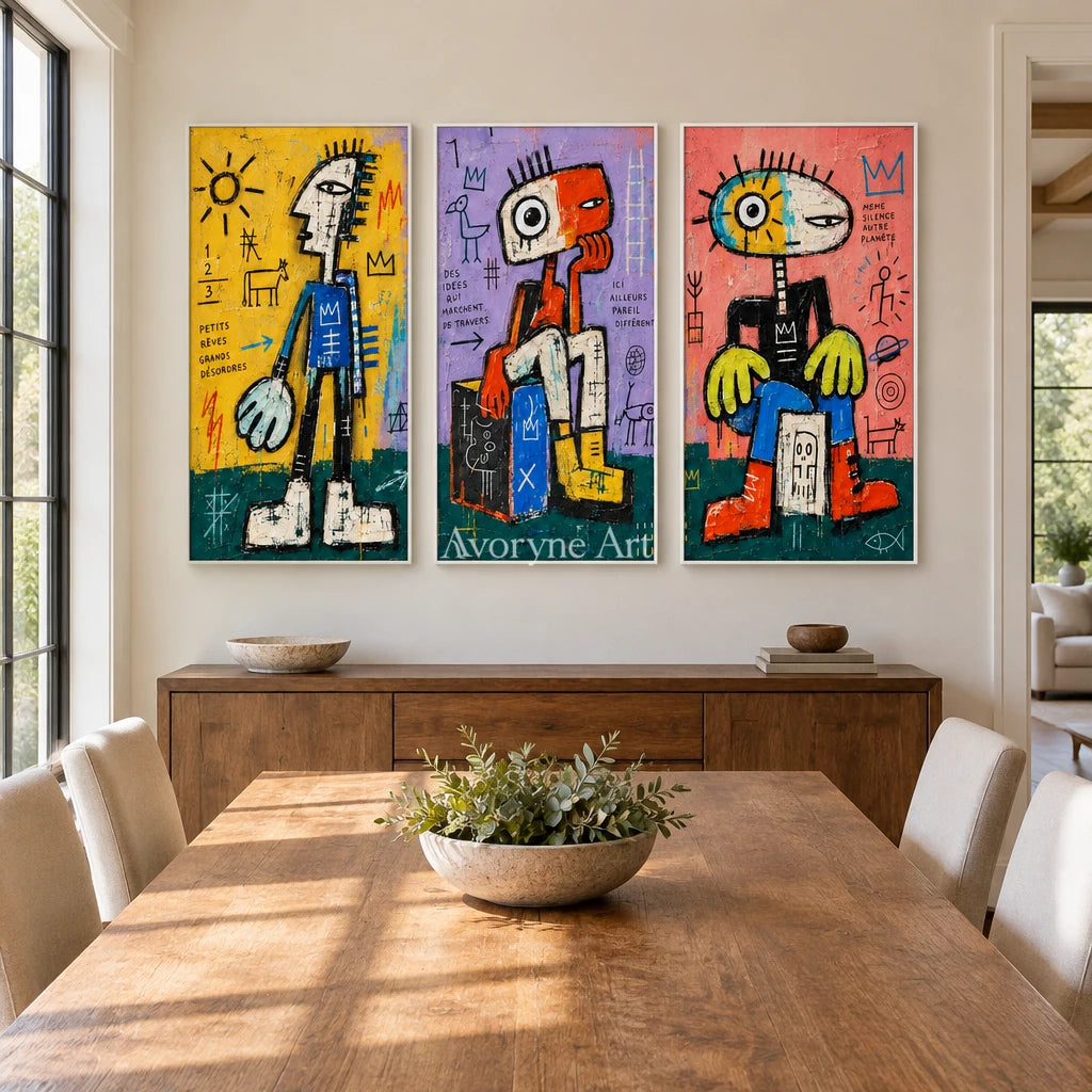 Soft Trace graffiti figure triptych with a white frame in a dining room