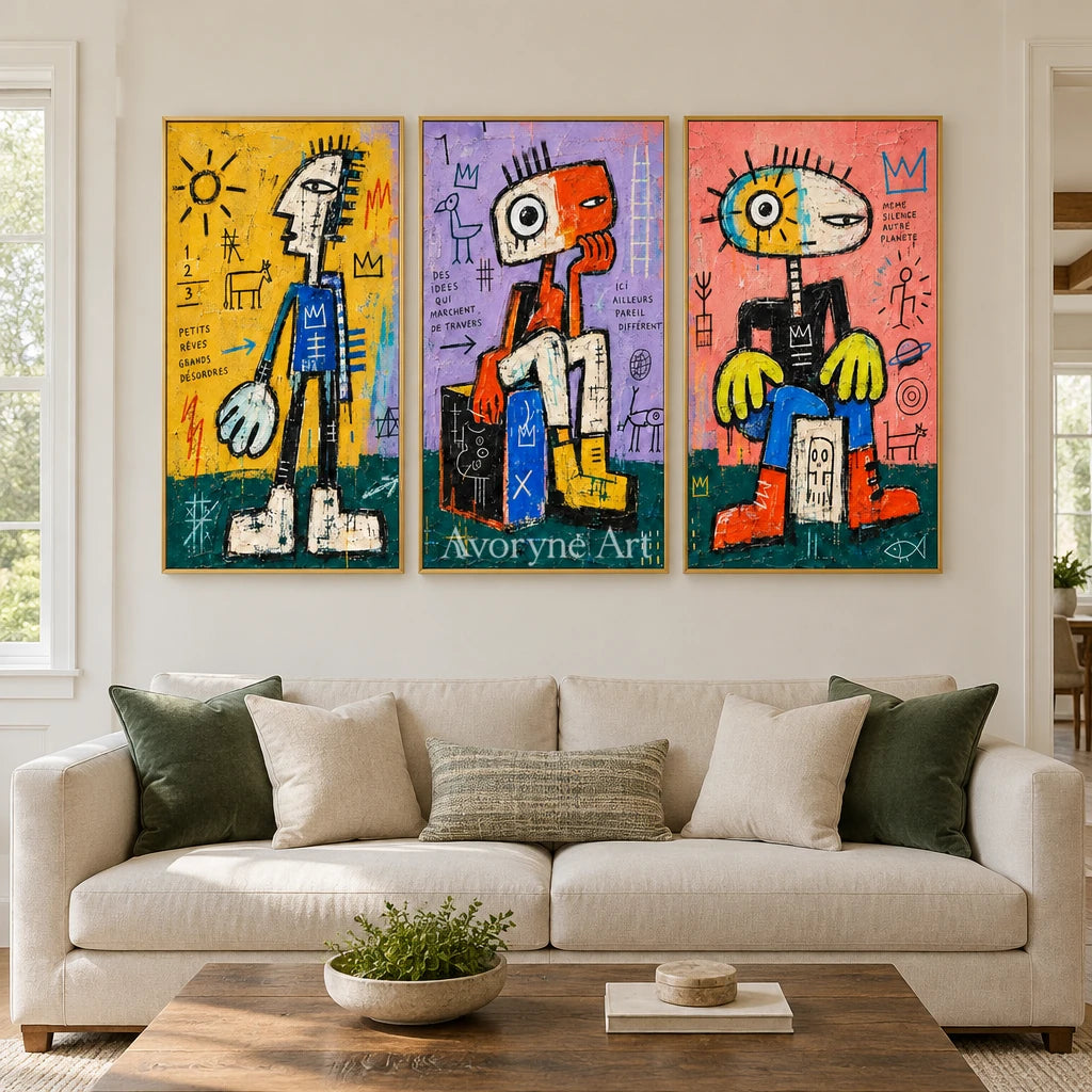 Soft Trace graffiti figure triptych with a gold frame hanging in a living room
