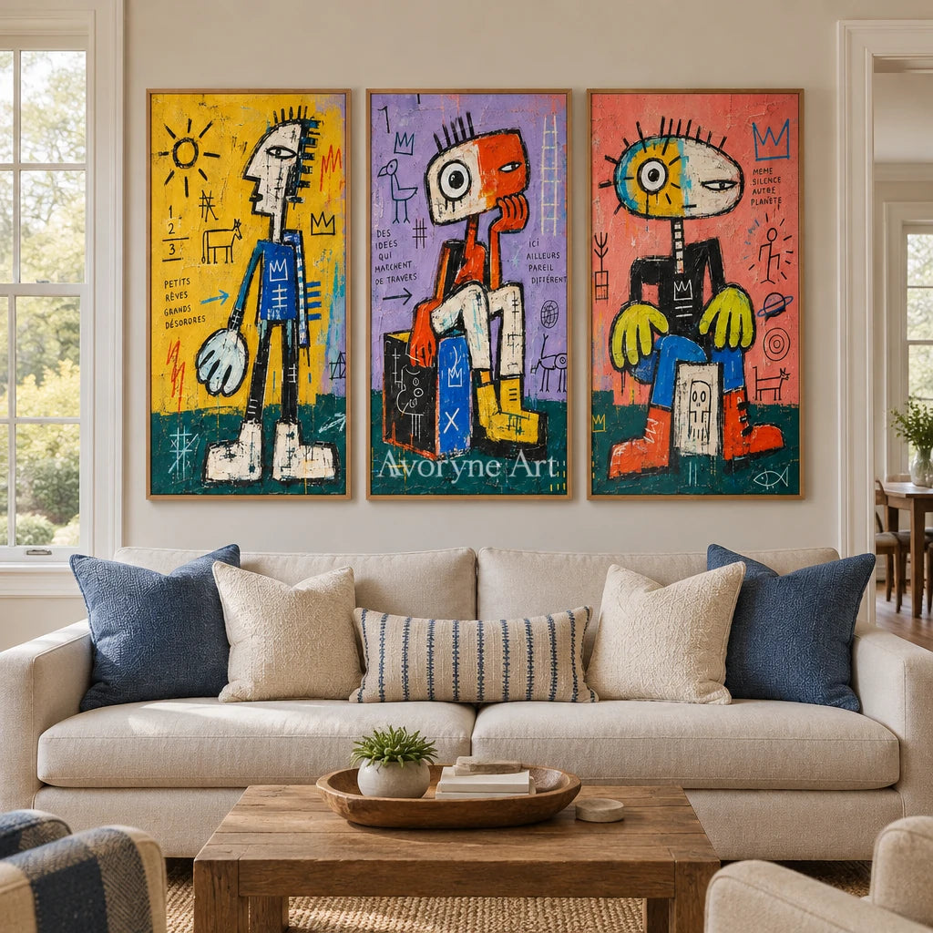 Soft Trace graffiti figure triptych with a wood frame in a villa living space