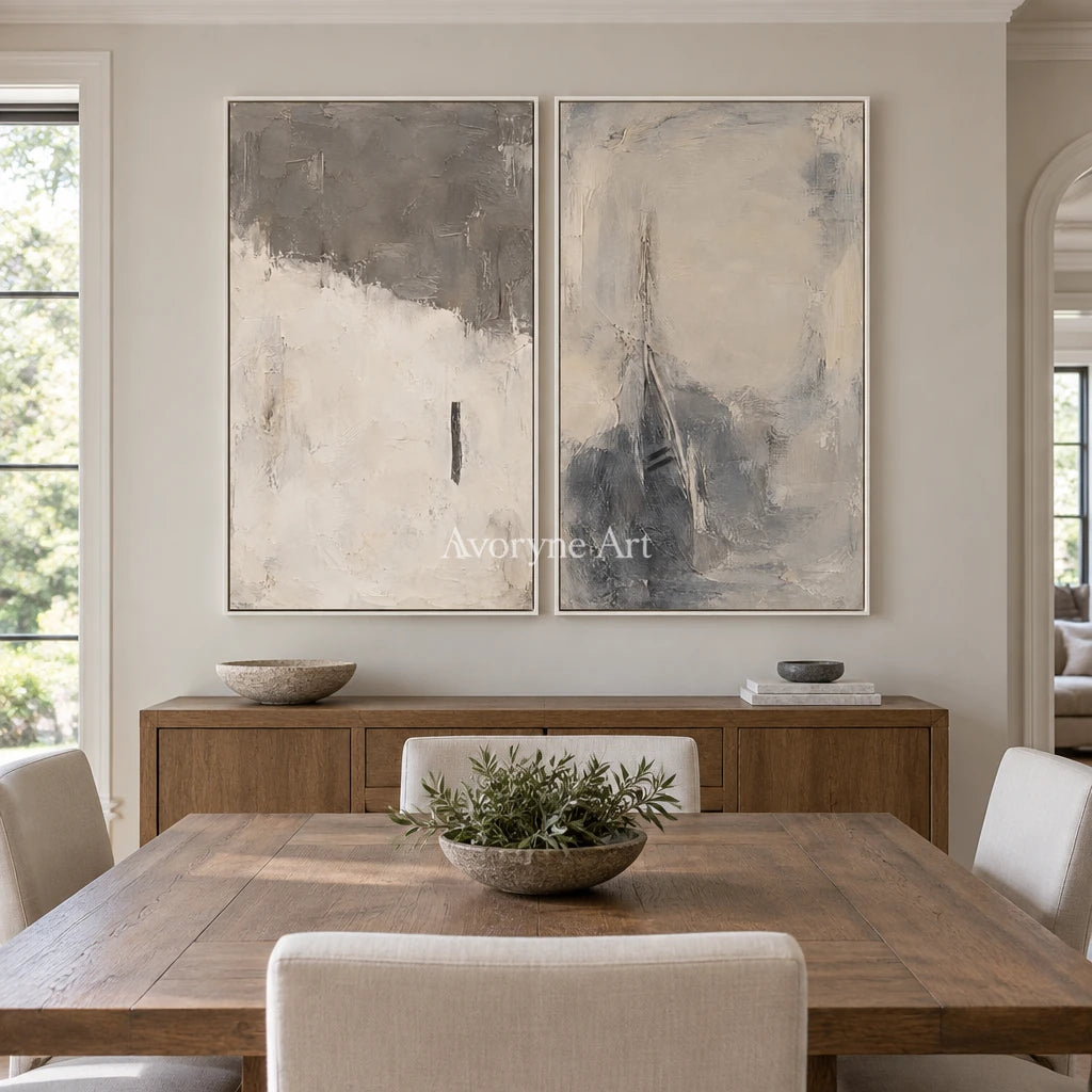 Ash Interval: Gray Abstract Diptych Art — dining white