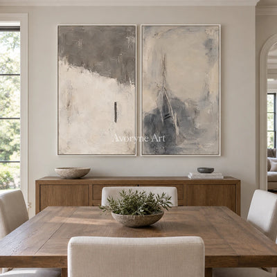 Ash Interval: Gray Abstract Diptych Art — dining white