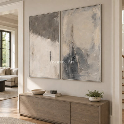 Ash Interval: Gray Abstract Diptych Art — entry silver