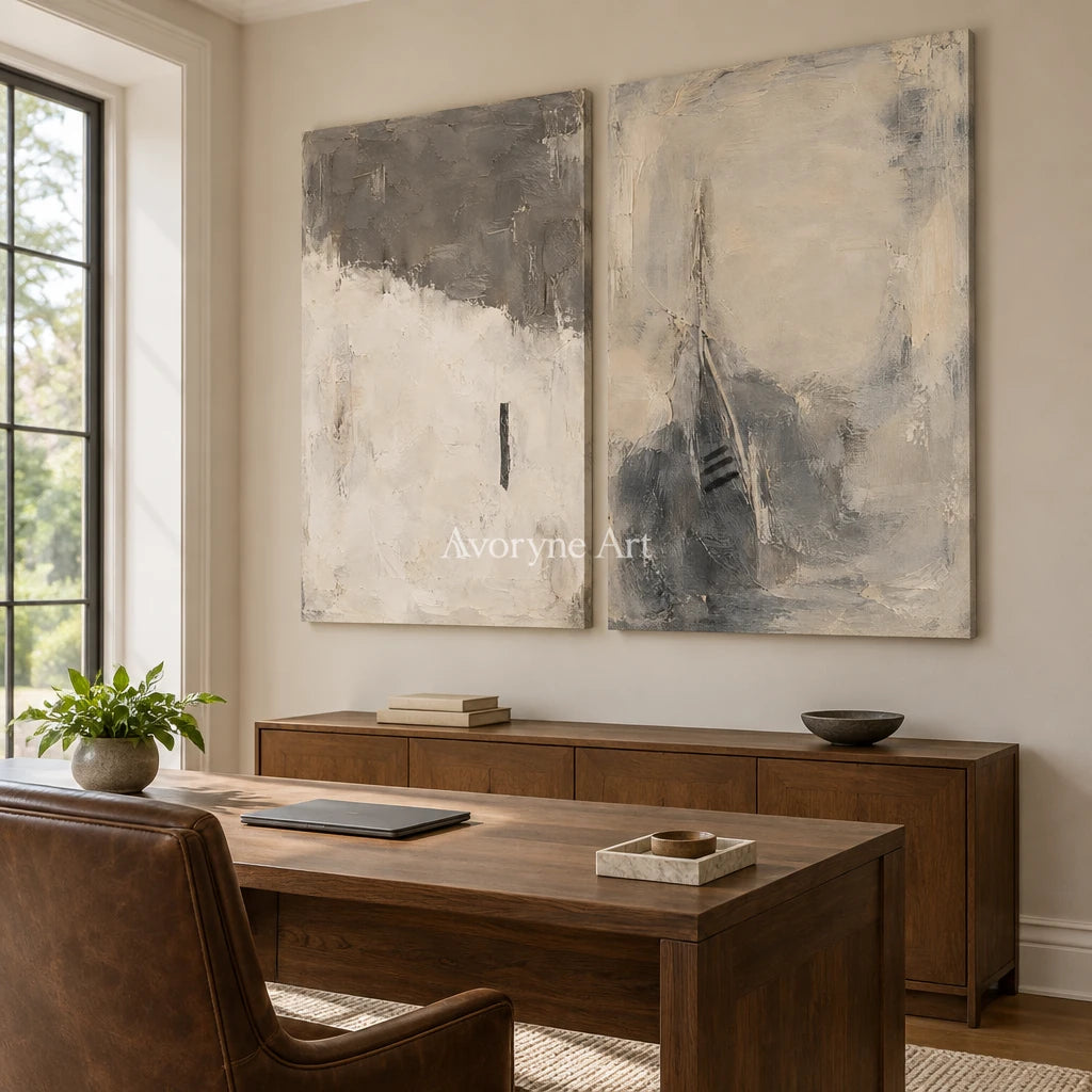 Ash Interval: Gray Abstract Diptych Art — office frameless
