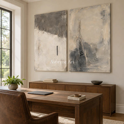 Ash Interval: Gray Abstract Diptych Art — office frameless