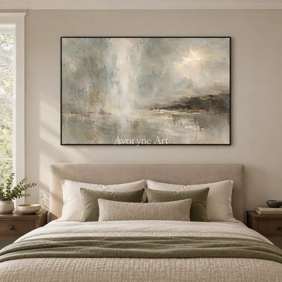 Mistward Shelf: Gray Abstract Landscape Wall Art — bedroom black