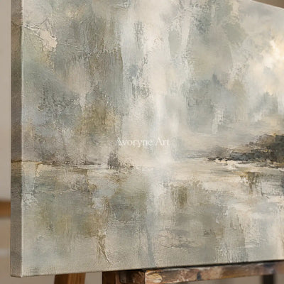 Mistward Shelf: Gray Abstract Landscape Wall Art — detail easel