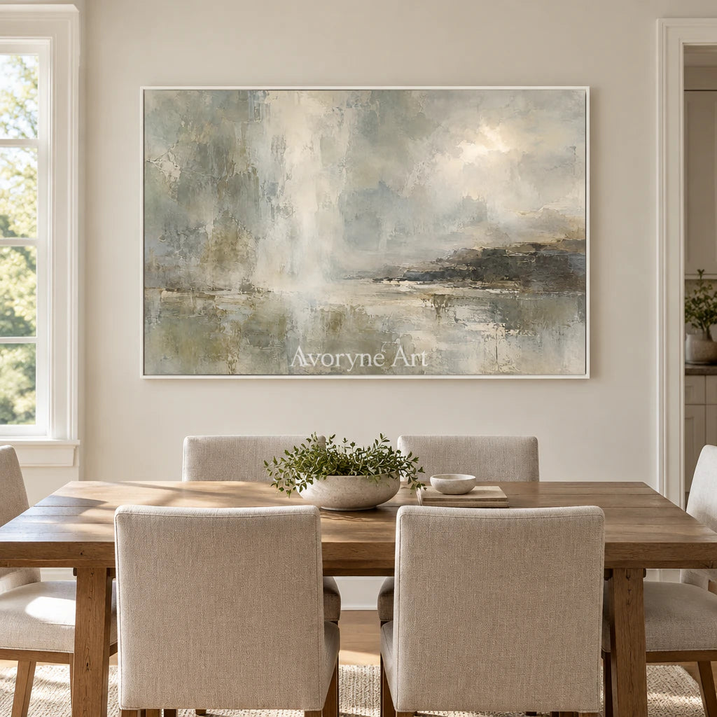 Mistward Shelf: Gray Abstract Landscape Wall Art — dining white