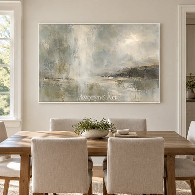 Mistward Shelf: Gray Abstract Landscape Wall Art — dining white