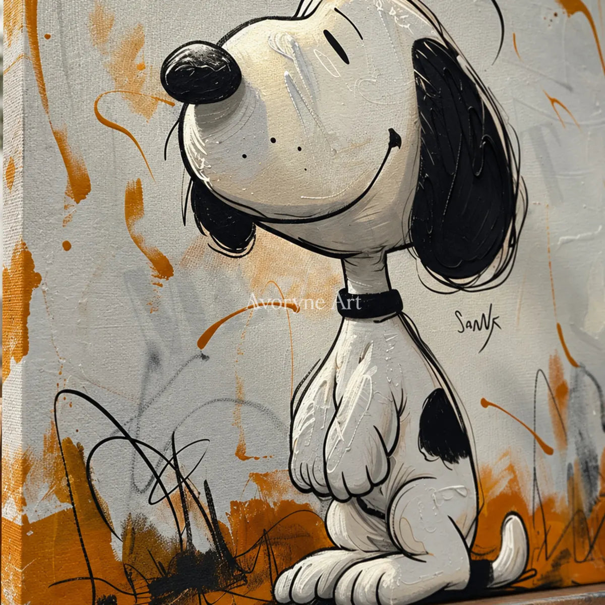 Upward Daydream: Gray Cartoon Dog Graffiti Wall Art — detail easel