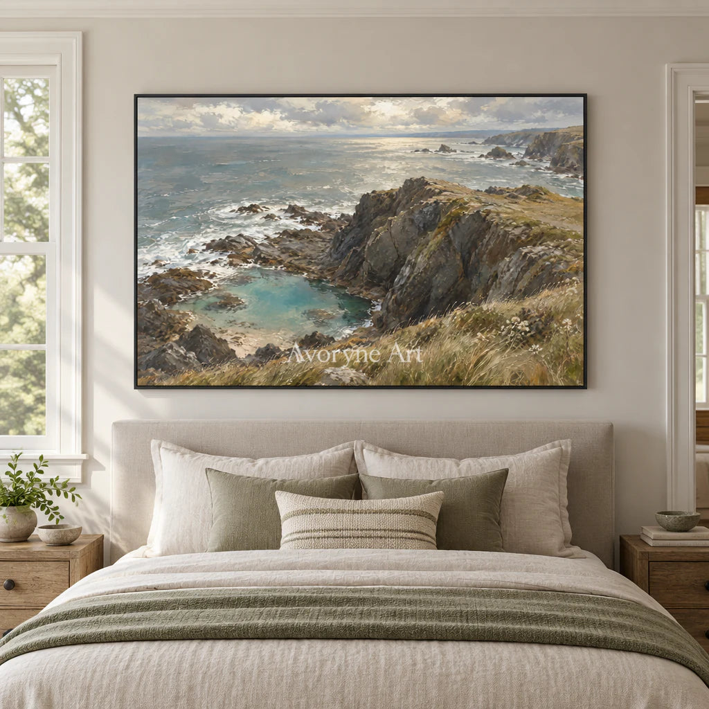 Cliffward Light: Gray Coastal Landscape Wall Art — bedroom black
