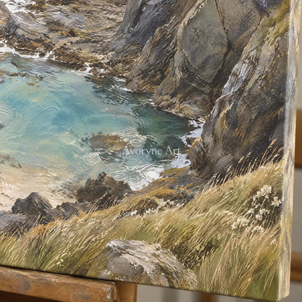 Cliffward Light: Gray Coastal Landscape Wall Art — detail easel