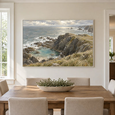 Cliffward Light: Gray Coastal Landscape Wall Art — dining white