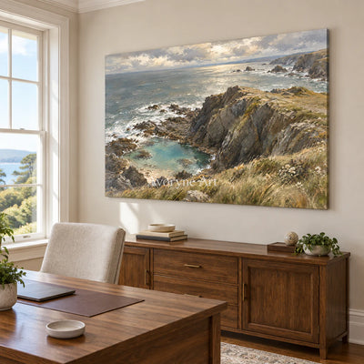 Cliffward Light: Gray Coastal Landscape Wall Art — office frameless