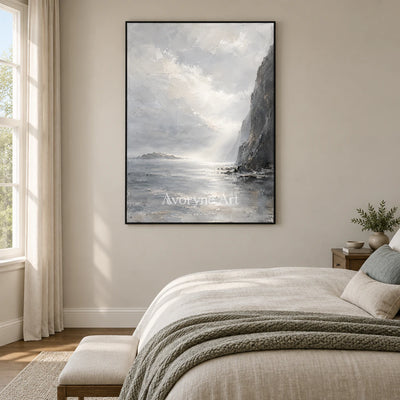 Cliffside Veil: Gray Coastal Landscape Wall Art — bedroom black
