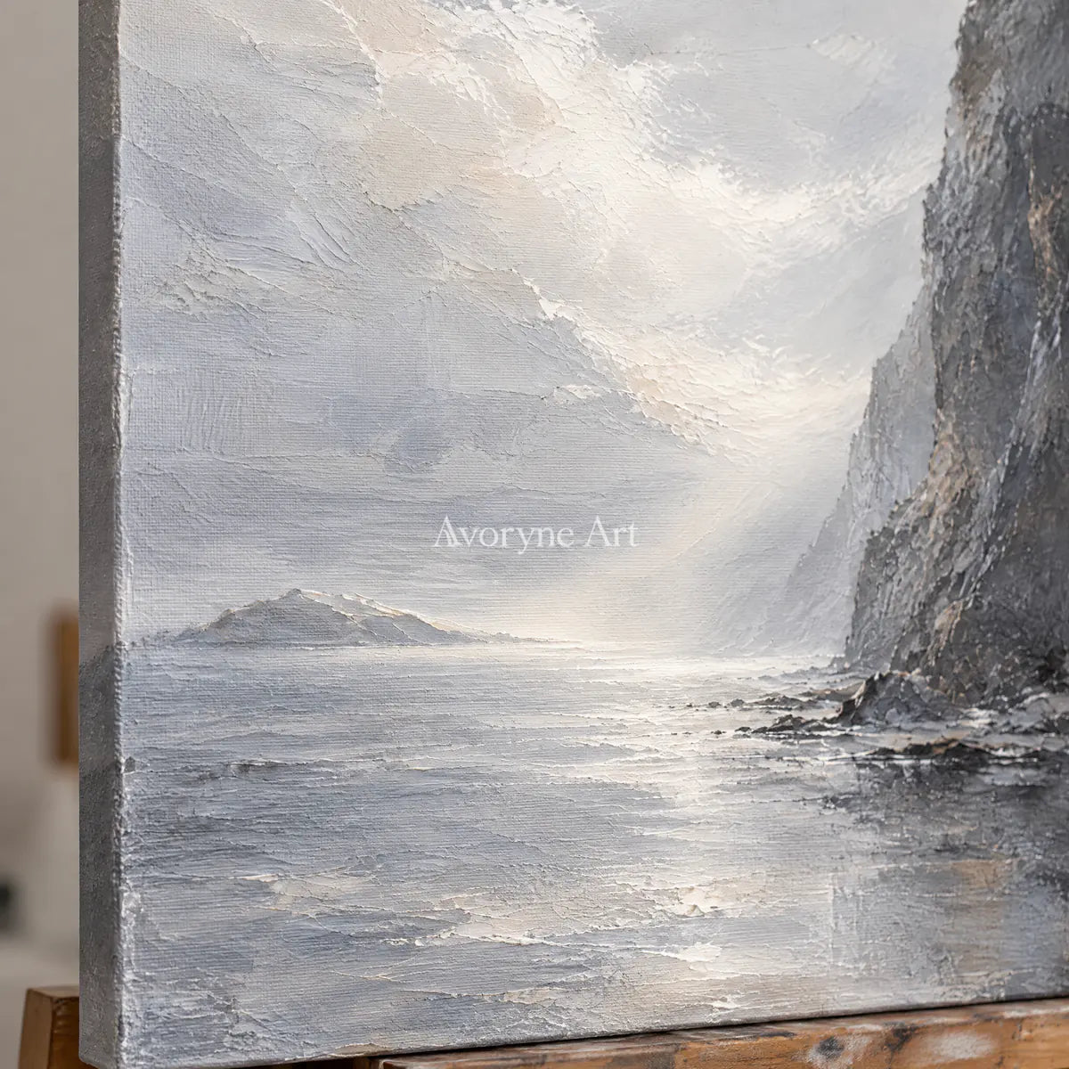 Cliffside Veil: Gray Coastal Landscape Wall Art — detail easel