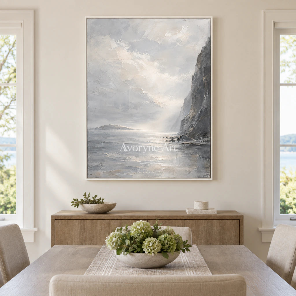 Cliffside Veil: Gray Coastal Landscape Wall Art — dining white
