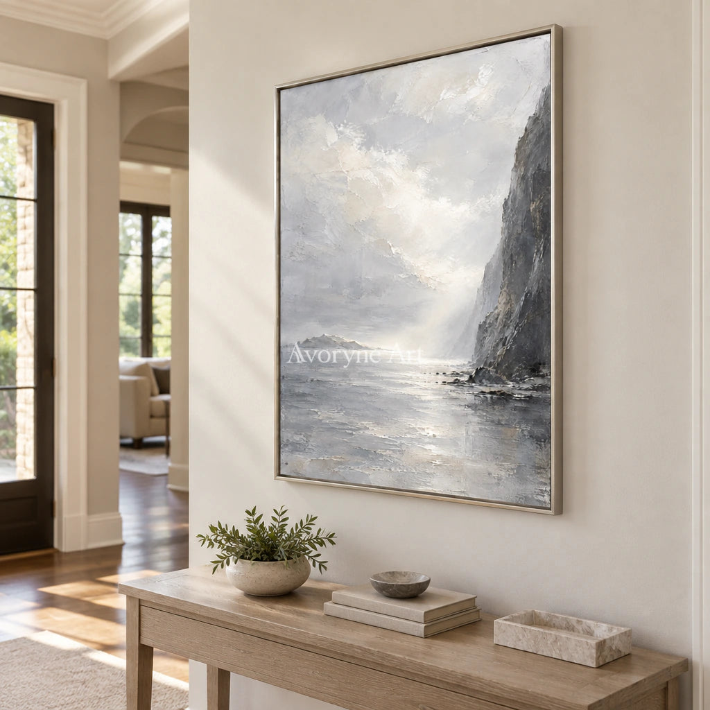 Cliffside Veil: Gray Coastal Landscape Wall Art — entry silver