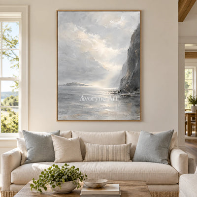 Cliffside Veil: Gray Coastal Landscape Wall Art — villa wood