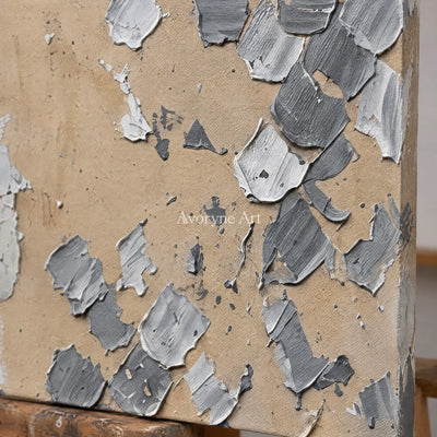 Close-up of the hand-painted texture of Mineral Trace gray curl relief triptych on an easel