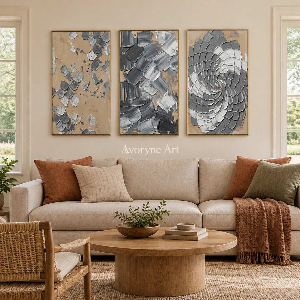 Mineral Trace gray curl relief triptych with a gold frame hanging in a living room