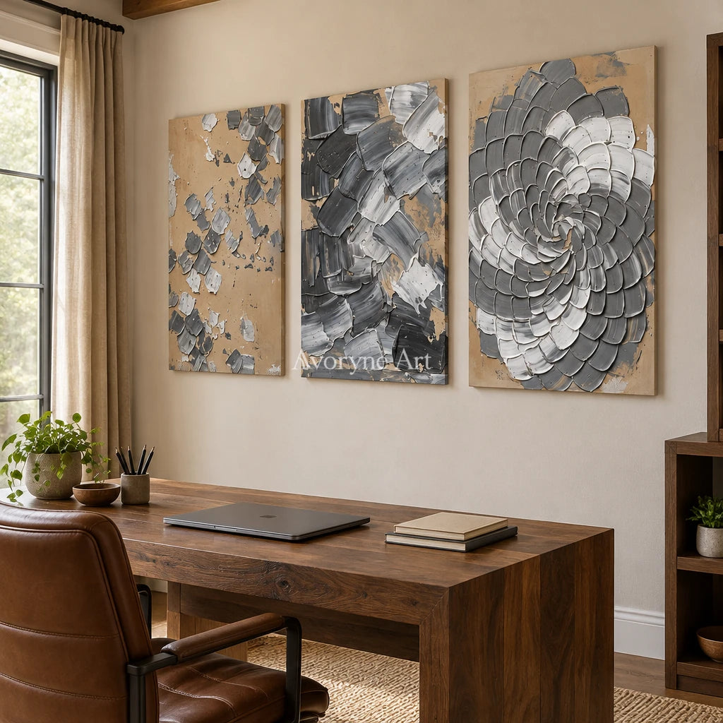 Mineral Trace gray curl relief triptych as a frameless stretched canvas in a home office
