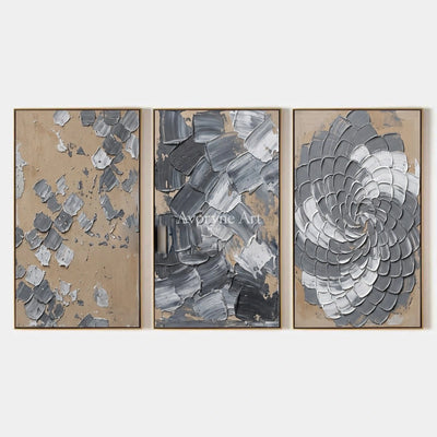 Mineral Trace, hand-painted gray curl relief triptych by Alessio Varenna