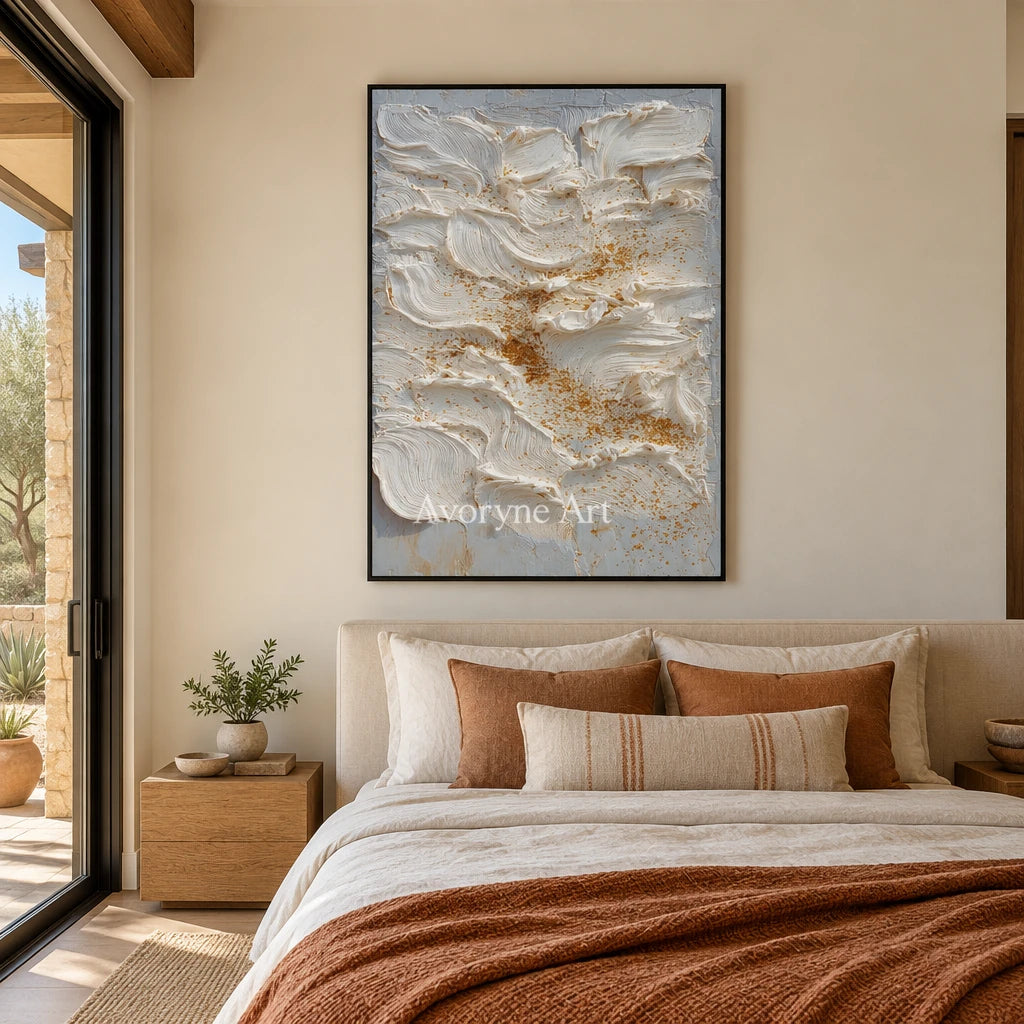 Gentle Refrain gray flow relief wall art with a black frame above a bed in a bedroom