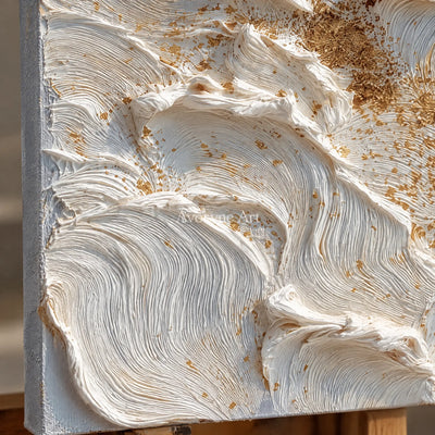 Close-up of the hand-painted texture of Gentle Refrain gray flow relief wall art on an easel