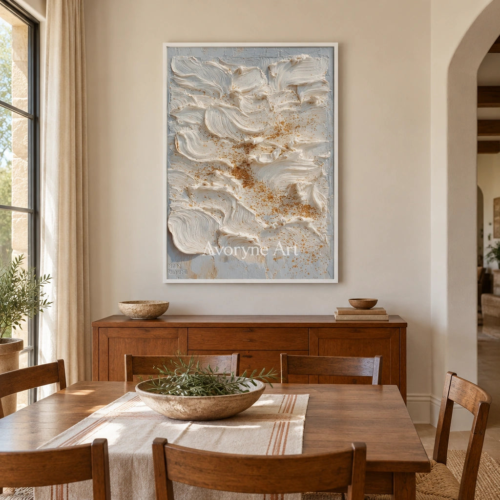 Gentle Refrain gray flow relief wall art with a white frame in a dining room