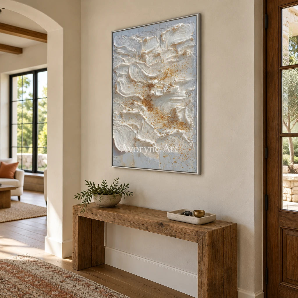 Gentle Refrain gray flow relief wall art with a silver frame in an entryway