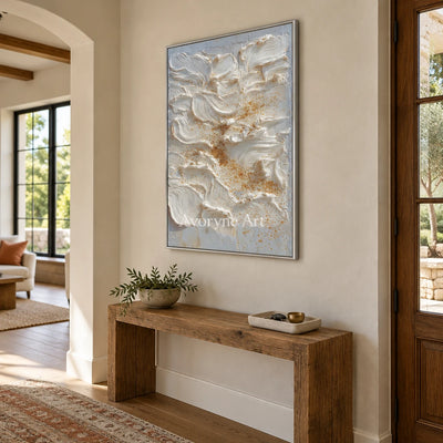 Gentle Refrain gray flow relief wall art with a silver frame in an entryway