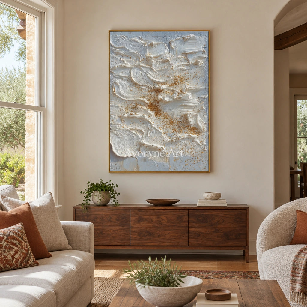 Gentle Refrain gray flow relief wall art with a gold frame hanging in a living room