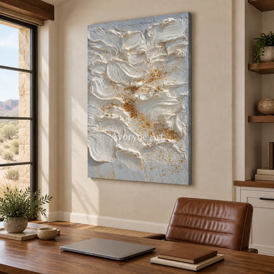 Gentle Refrain gray flow relief wall art as a frameless stretched canvas in a home office