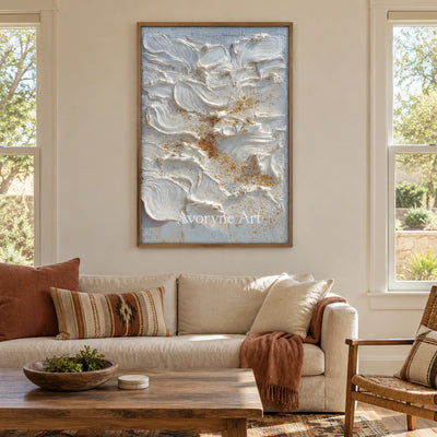 Gentle Refrain gray flow relief wall art with a wood frame in a villa living space