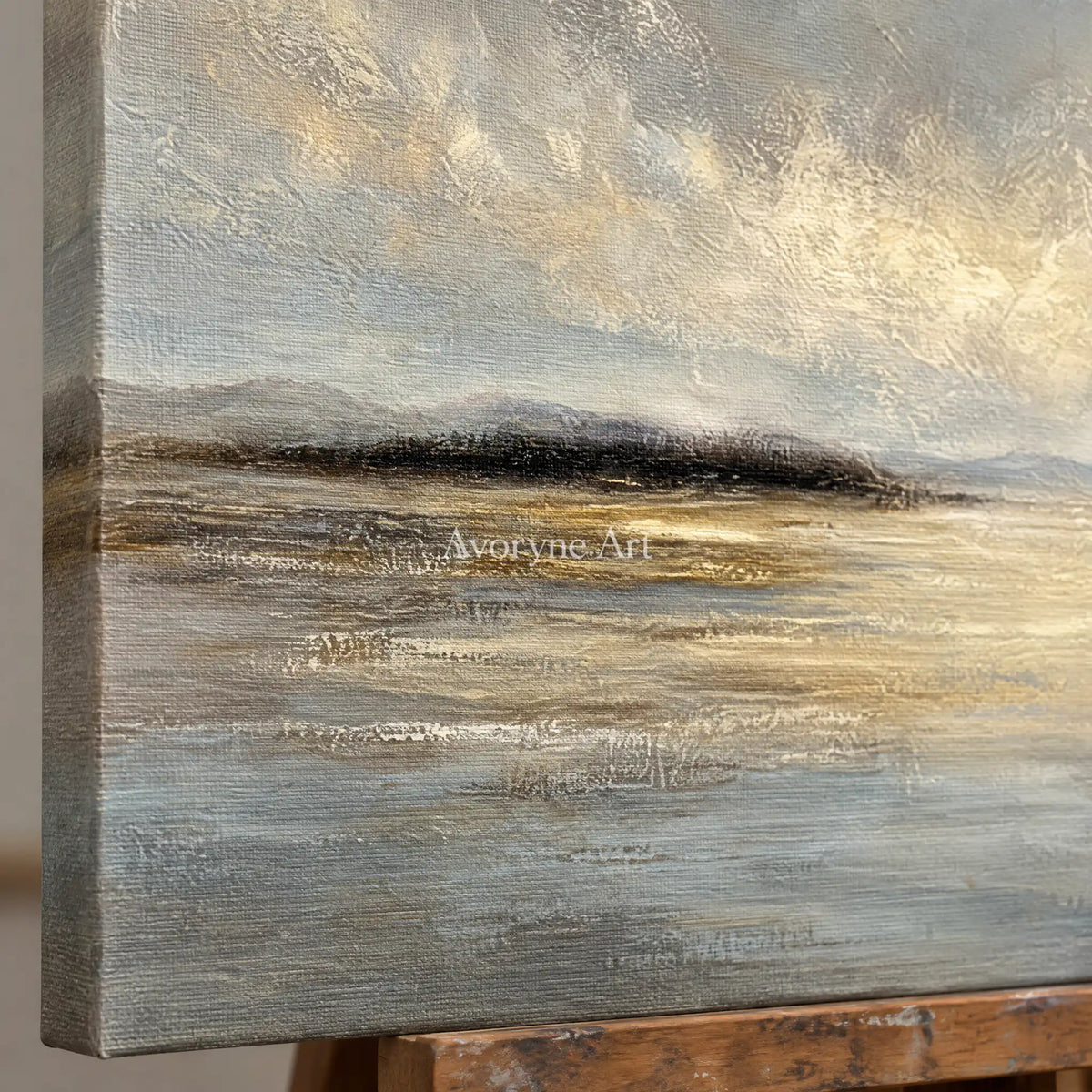 Aster Tessera: Gray Gold Waterscape — detail easel