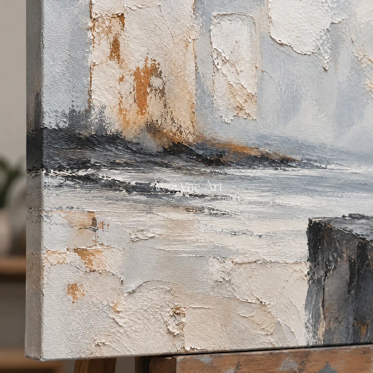 Serein Weathered Reach: Gray Landscape Texture Art — detail easel