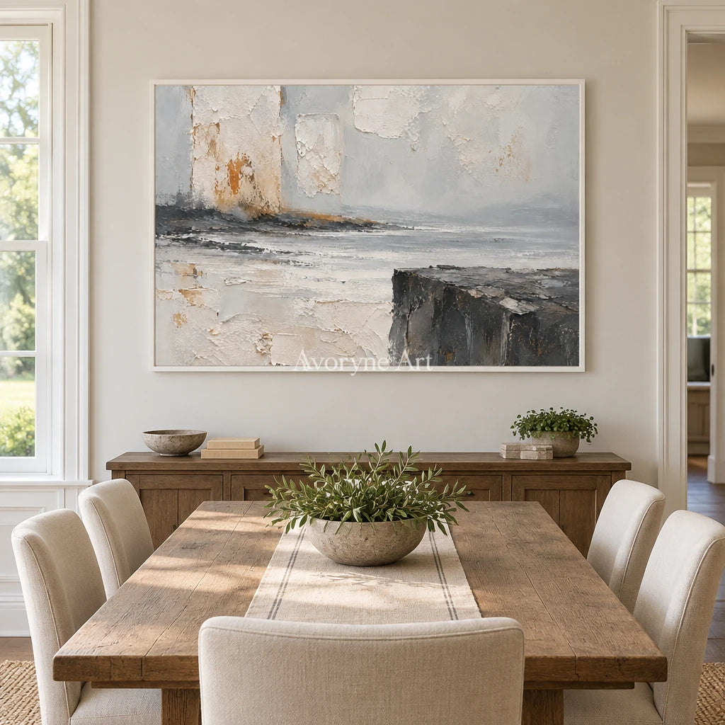 Serein Weathered Reach: Gray Landscape Texture Art — dining white