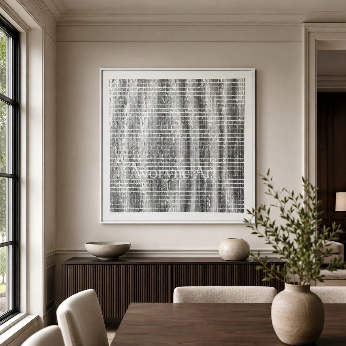 Woven Quiet: Gray Linear Minimalist Square Wall Art - dining room white frame